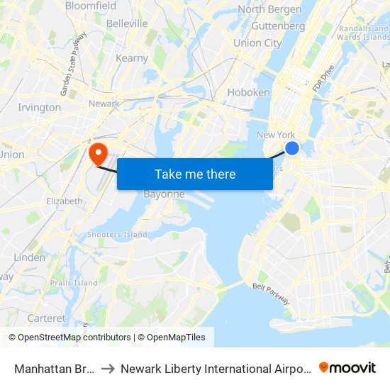 Manhattan Bridge to Newark Liberty International Airport (EWR) map