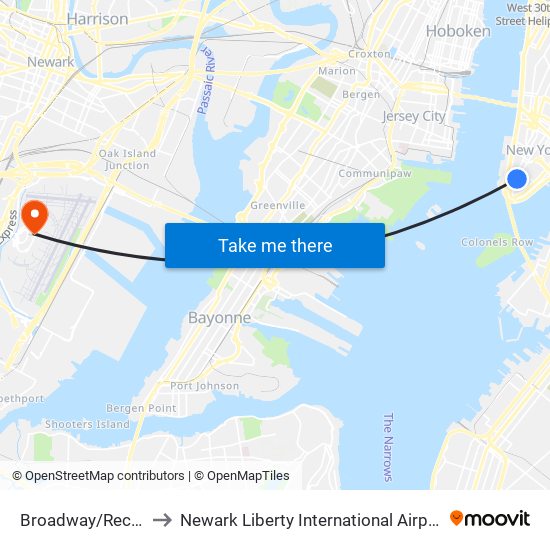 Broadway/Rector St to Newark Liberty International Airport (EWR) map