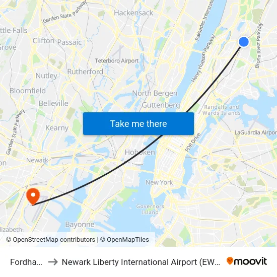 Fordham to Newark Liberty International Airport (EWR) map