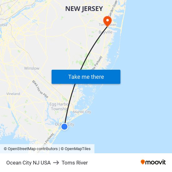 Ocean City NJ USA to Toms River map