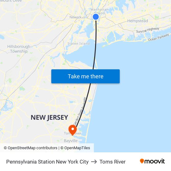 Pennsylvania Station New York City to Toms River map