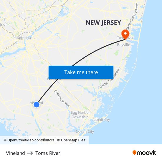 Vineland to Toms River map
