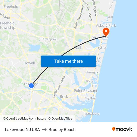 Lakewood NJ USA to Bradley Beach map