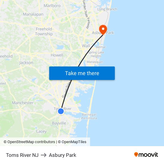 Toms River NJ to Asbury Park map