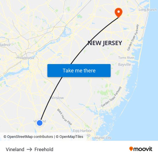 Vineland to Freehold map