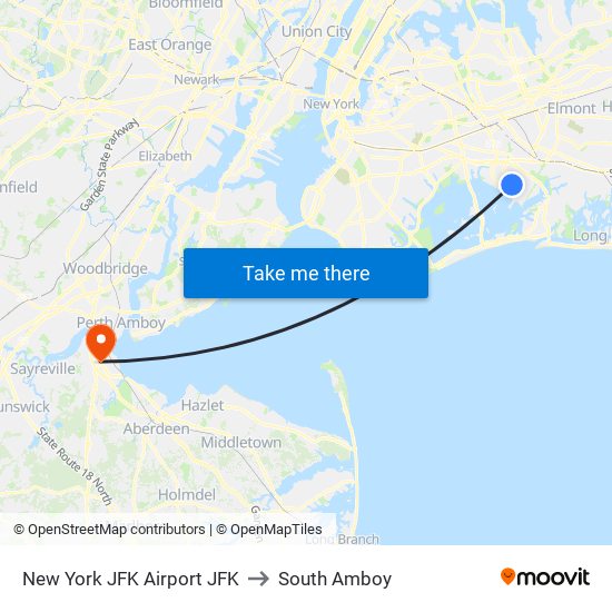 New York JFK Airport JFK to South Amboy map