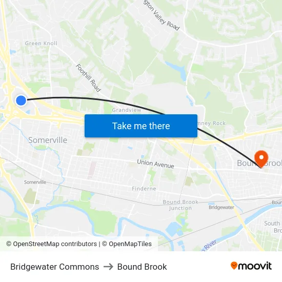 Bridgewater Commons to Bound Brook map