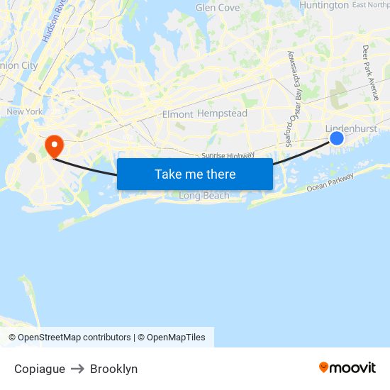 Copiague to Brooklyn map