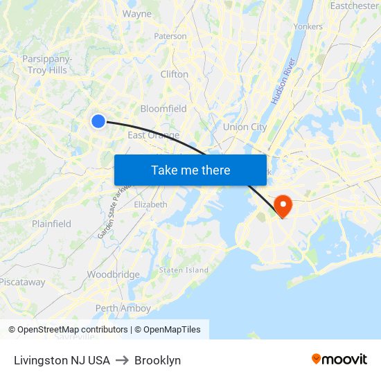 Livingston NJ USA to Brooklyn map