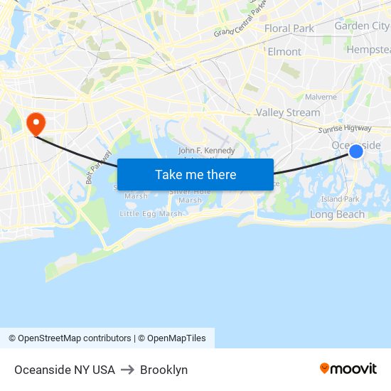 Oceanside NY USA to Brooklyn map