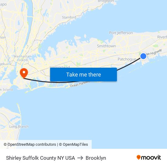 Shirley Suffolk County NY USA to Brooklyn map