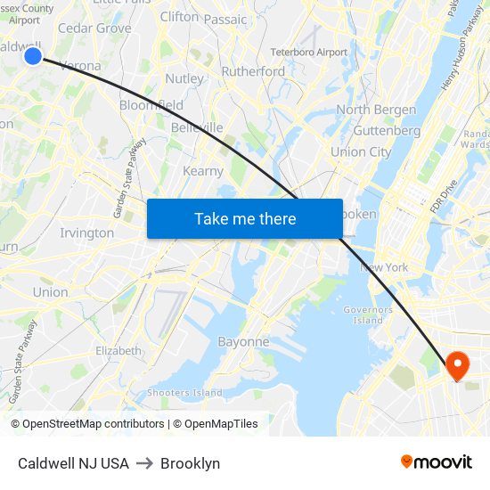 Caldwell NJ USA to Brooklyn map