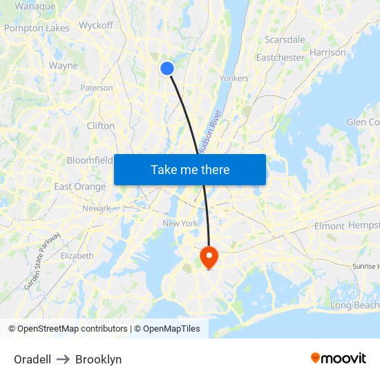 Oradell to Brooklyn map