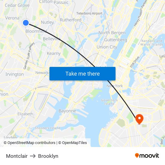 Montclair to Brooklyn map