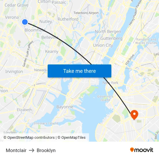 Montclair to Brooklyn map