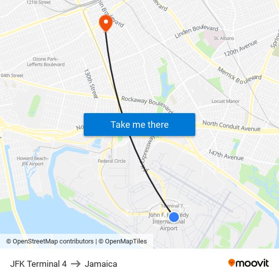 JFK Terminal 4 to Jamaica map