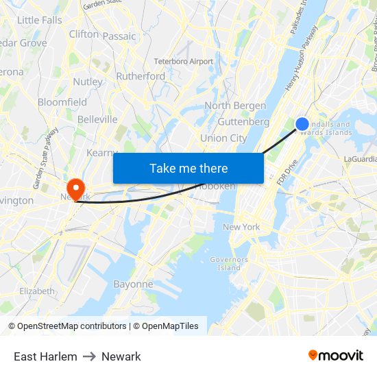 East Harlem to Newark map