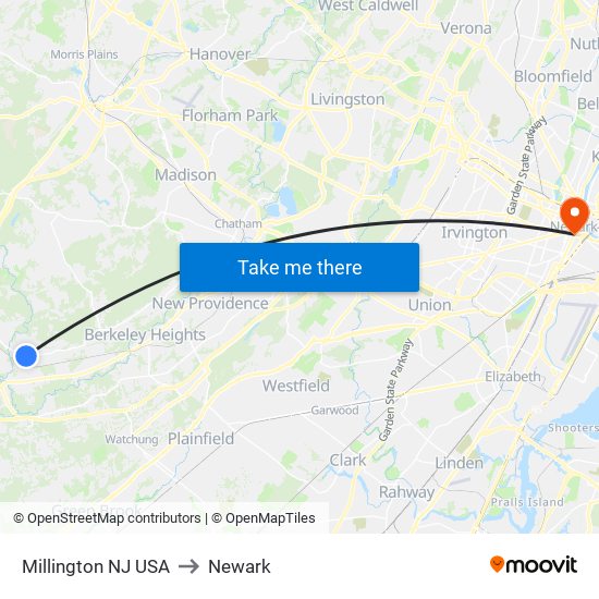 Millington NJ USA to Newark map