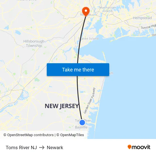 Toms River NJ to Newark map
