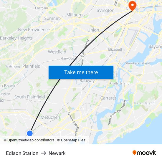 Edison Station to Newark map