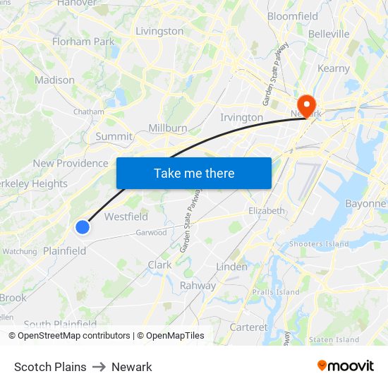 Scotch Plains to Newark map