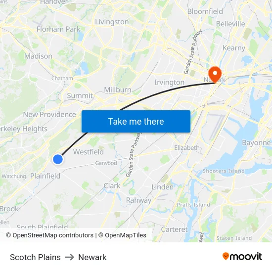 Scotch Plains to Newark map