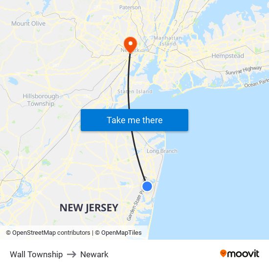 Wall Township to Newark map