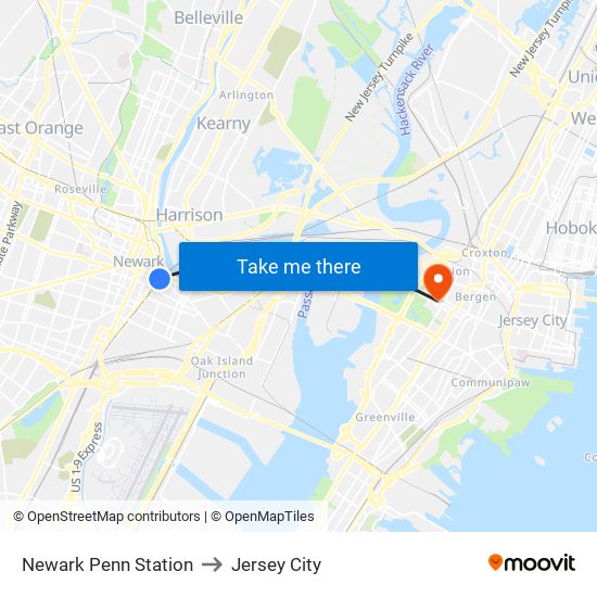 Newark Penn Station to Jersey City map