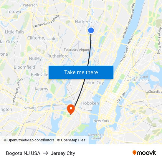 Bogota NJ USA to Jersey City map