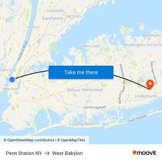 Penn Station NY to West Babylon map