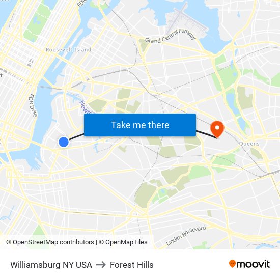 Williamsburg NY USA to Forest Hills map