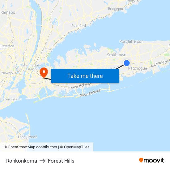 Ronkonkoma to Forest Hills map