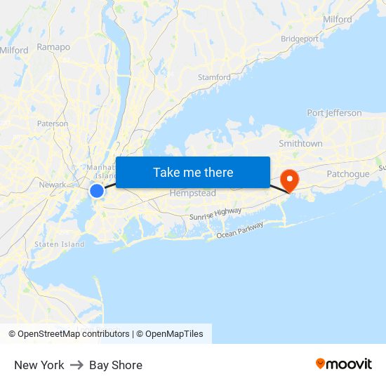 New York to Bay Shore map