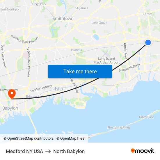 Medford NY USA to North Babylon map