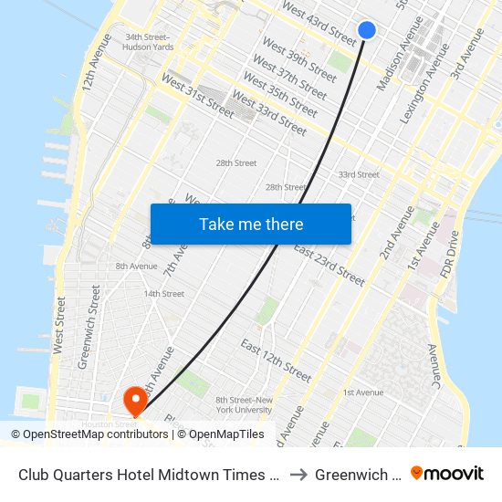 Club Quarters Hotel Midtown Times Square New York to Greenwich Village map