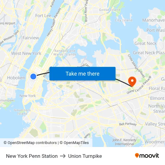 New York Penn Station to Union Turnpike map