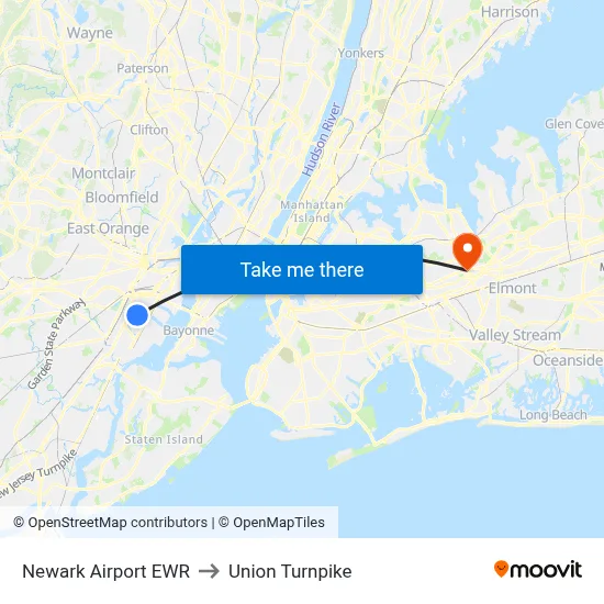 Newark Airport EWR to Union Turnpike map