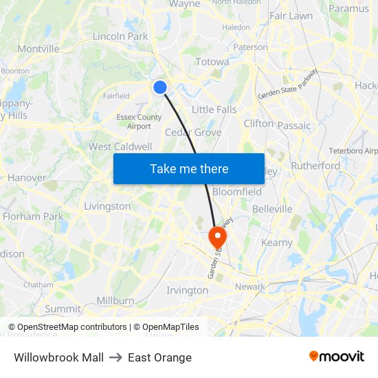 Willowbrook Mall to East Orange map