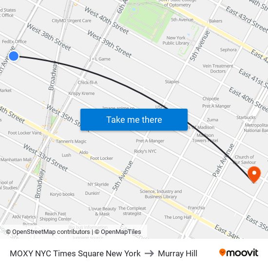 MOXY NYC Times Square New York to Murray Hill map