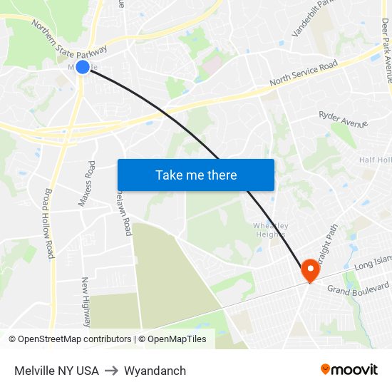 Melville NY USA to Wyandanch map