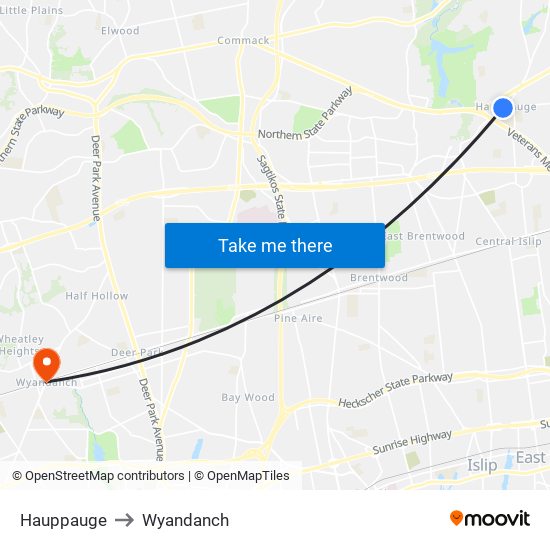 Hauppauge to Wyandanch map