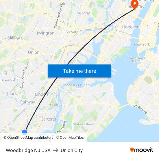 Woodbridge NJ USA to Union City map