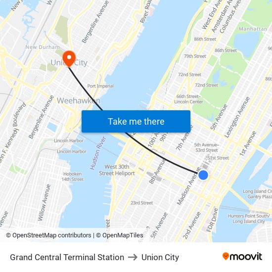 Grand Central Terminal Station to Union City map