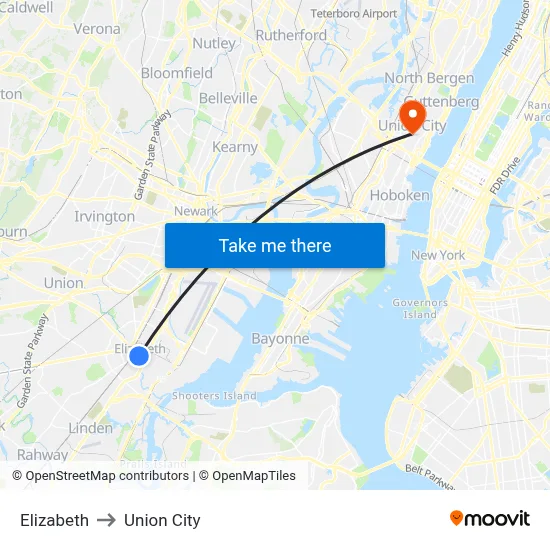 Elizabeth to Union City map