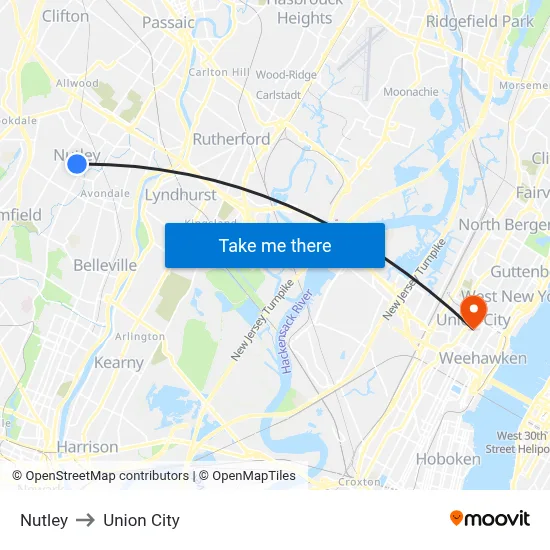 Nutley to Union City map