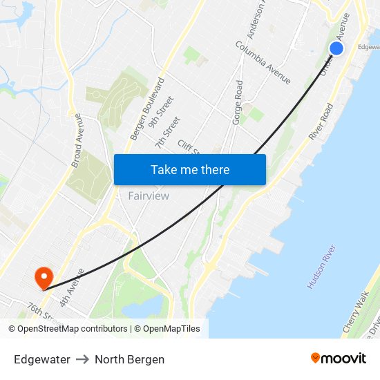 Edgewater to North Bergen map