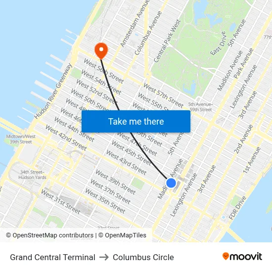 Grand Central Terminal to Columbus Circle map
