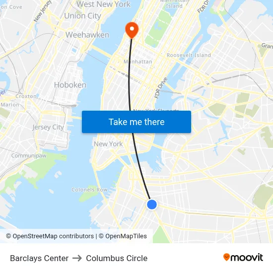 Barclays Center to Columbus Circle map