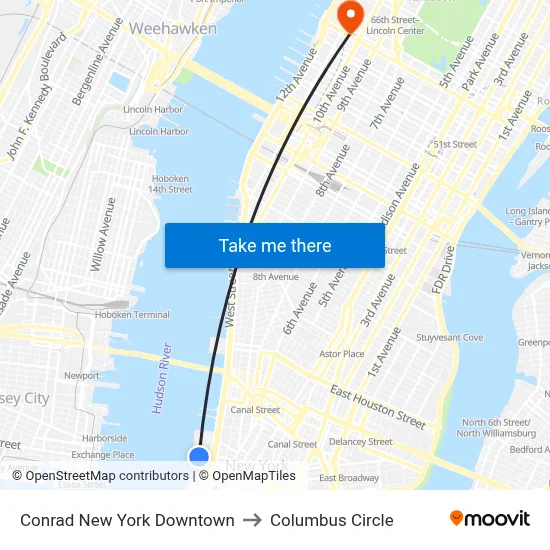 Conrad New York Downtown to Columbus Circle map