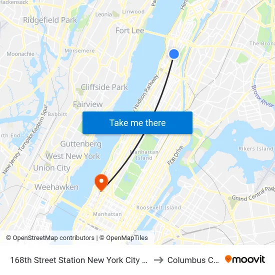 168th Street Station New York City Subway to Columbus Circle map